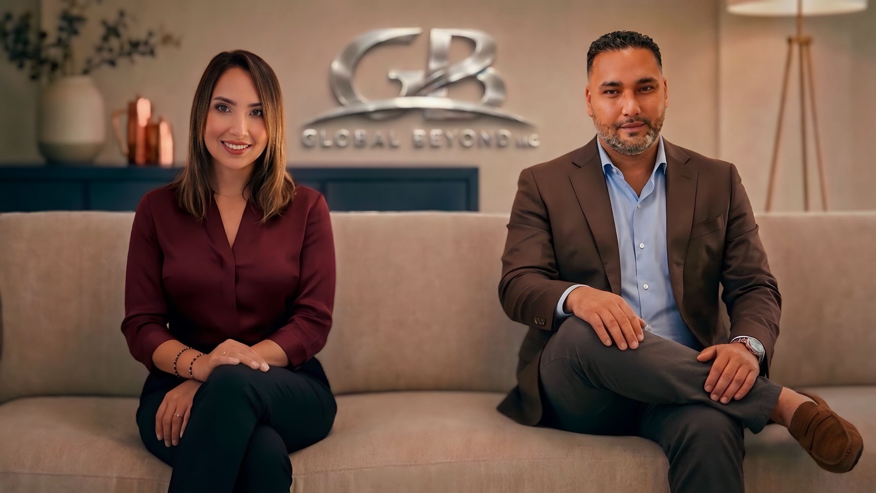 Javier Rafael Torres Gil y Yudenis V. Martínez, fundadores de Global Beyond LLC, sentados en la oficina de la empresa en Miami bajo el logotipo de Global Beyond.